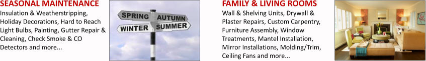 SEASONAL MAINTENANCE Insulation & Weatherstripping, Holiday Decorations, Hard to Reach Light Bulbs, Painting, Gutter Repair & Cleaning, Check Smoke & CO Detectors and more... FAMILY & LIVING ROOMS Wall & Shelving Units, Drywall & Plaster Repairs, Custom Carpentry, Furniture Assembly, Window Treatments, Mantel Installation, Mirror Installations, Molding/Trim, Ceiling Fans and more...